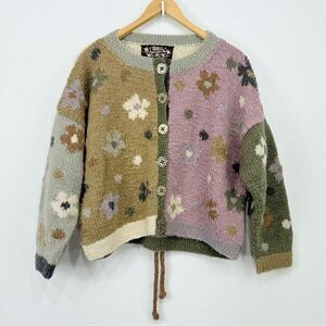 Tara Handknits Lavender Cream Daisy Floral 100% Wool Patchwork Knit Cardigan